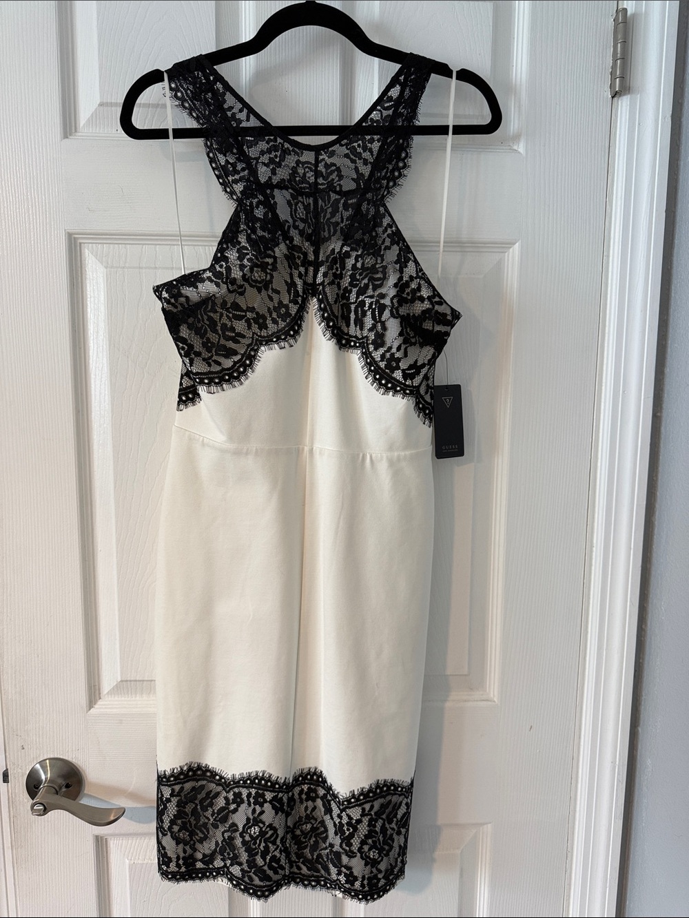Guess White Midi Dress with Black Lace Overlay